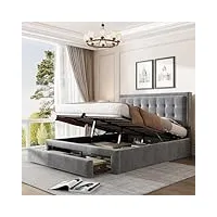 wodsofti lit avec coffre et tiroirs en tissu velours, lit capitonné, sommier à lattes, lit double, grand espace de rangement, 140 x 200 cm, gris
