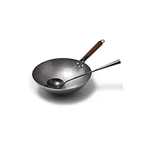 ocitvhar wok traditionnel chinois en fer fait à la main, grand wok et poignée en bois, poêle à gaz antiadhésive, ustensiles de cuisine (taille : 34 cm) (34 cm)