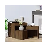 rantry tables empilables 3 pièces chêne marron en bois multicouche, table de salon, table de bureau, chambre à coucher, jardin