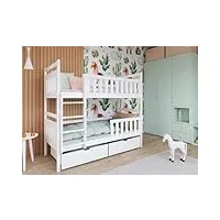 thematys® monika lit mezzanine, 90 x 200 cm, avec 2 tiroirs, protection anti-chute et sommier à lattes, en bois de pin massif, blanc
