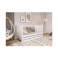 thematys lit pour adolescent, 90 x 200 cm, blanc, avec protection anti-chute, avec fonction extensible et 2 tiroirs, en pin massif, pour 2 enfants, garçons et filles