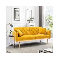 houcheyai Élégant canapé-lit futon en tissu nounours jaune usiné avec 2 coussins décoratifs, convertible, pieds en métal doré, idéal pour le salon et la chambre à coucher