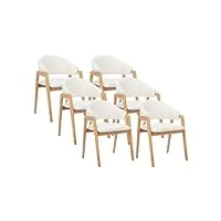 vente-unique - lot de 6 chaises avec accoudoirs en tissu bouclette et bois d'hévéa - blanc - soluna
