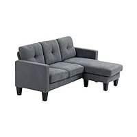 homcom canapé d'angle 3 places méridienne réversible droite ou gauche, grand confort, gris, salon, dossier capitonné