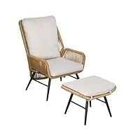 outsunny fauteuil de jardin avec repose-pieds ensemble de 2 pièces - jardin en résine tressée imitation rotin avec dossier inclinable et coussin, naturel
