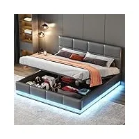 lit capitonné, 160 x 200 cm, avec led, sommier à lattes en métal et coffre de lit, lit double, avec tête de lit rembourrée réglable en hauteur et espace de rangement hydraulique, gris