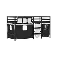 vidaxl lit mezzanine enfants et rideaux, lit intermédiaire avec rangement, meuble de chambre à coucher, moderne, blanc/noir 80x200cm pin massif