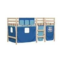 vidaxl lit mezzanine enfants et rideaux, lit intermédiaire avec rangement, meuble de chambre à coucher, moderne, bleu 90x190cm bois pin massif