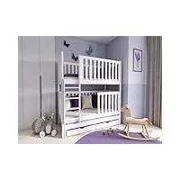 thematys emilka lit mezzanine, superposé, 90 x 200/80 x 180 cm, blanc, en pin avec lit supplémentaire, 2 tiroirs et lattes de bouleau flexibles, lit d'enfant pour 3 personnes, 80 x 180 cm