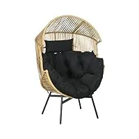outsunny fauteuil de jardin cocon sur pied en résine effet rotin avec coussins polyester ép. 14cm, structure en métal, dim. 89l x 75l x 143h cm sable et noir