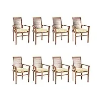 rantry chaises de salle à manger avec coussins blanc crème 8 pièces en teck massif, chaises d'extérieur, meubles de jardin, meubles d'extérieur, terrasse, meubles de jardin