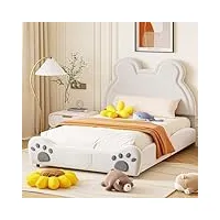 mqgpm lit capitonné, 140 x 200 cm, avec tête de lit en forme d'ours, lit double avec sommier à lattes, pour garçons et filles, lit de sol, avec protection anti-chute, blanc