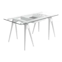 design house stockholm - bureau arco 150x75x74cm - blanc/plateau de table en verre transpare/le tiroir peut être ouvert des deux côtés/structure blanc