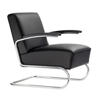 thonet - fauteuil s 411 63x79x79cm cuir - cuir nappa naturel 500 noir/couture 701 gris/accoudoirs hêtre teinté noir tp29/structure acier tubulaire chr