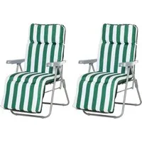 outsunny lot de 2 chaise longue bain de soleil adjustable pliable transat lit de jardin en acier vert + blanc