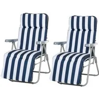 outsunny lot de 2 chaise longue bain de soleil adjustable pliable transat lit de jardin en acier bleu + blanc