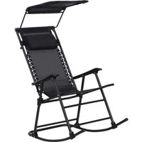outsunny fauteuil à bascule rocking chair pliable de jardin dim. 105l x 64l x 125h cm tétière + pare-soleil inclus acier époxy textilène noir