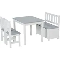 homcom ensemble de table et chaises enfant - set de 4 pièces - table, 2 chaises, banc coffre 2 en 1 - mdf pin blanc gris