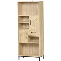 homcom bibliothèque armoire de rangement livres grand espace 5 niches 2 placards avec porte et tiroir pour salon chambre bureau couloir bois naturel