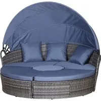 outsunny lit canapé de jardin modulable pare-soleil pliable 5 coussins 3 oreillers 180l x 175l x 147h cm résine tressée grise polyester bleu