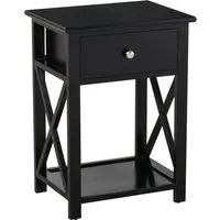 homcom table de chevet table de nuit style cosy avec croix latérales tiroir et étagère bois et mdf noir