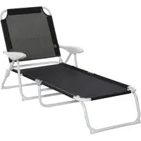 outsunny chaise longue bain de soleil pliable inclinable 4 positions grand confort avec accoudoirs revêtement tissu textilène métal époxy noir