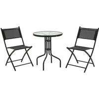 outsunny ensemble bistro de jardin 3 pièces 2 chaises pliables + table basse ronde verre trempé métal époxy toile en maille haute densité-aosom.fr