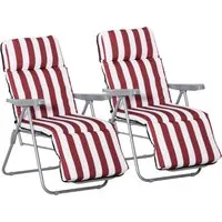 outsunny lot de 2 chaise longue bain de soleil adjustable pliable transat lit de jardin en acier rouge + blanc-aosom.fr