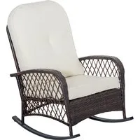 outsunny fauteuil à bascule rocking chair intérieur extérieur en résine tressée avec coussins moelleux - dim. 75l x 103l x 96h cm - marron crème