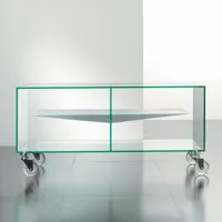 pezzani - stand tv e-box en verre transparent et étagères en acier peint, avec roues transparentes