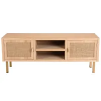 macabane - meuble tv 2 niches 2 portes toile de jute aline bois/dorée - 120x34x46.5 cm