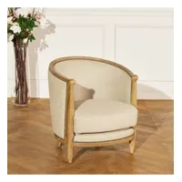 carole - fauteuil tonneau style art déco en chêne et lin naturel, 1 pl