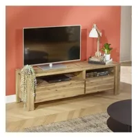 enzo - meuble tv style moderne en bois massif, 2 niches, 2 tiroirs