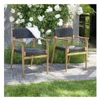 midland  fauteuil de jardin en teck massif et cordage noir (lot de 2)