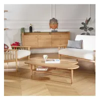 kenji - table basse style moderne en bois, pieds laiton, étagère basse