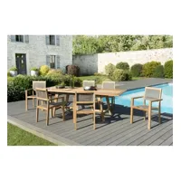 harris - salon de jardin en bois teck 8/10 pers. 1 table rect. extensible 180/240*100 cm 6 fauteuils empilables textilène taupe
