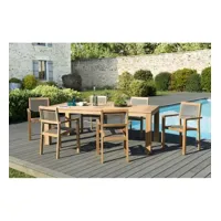 halice - salon de jardin en bois teck 6/8 pers - 1 table rectangulaire 220*100 cm et 6 fauteuils empilables taupe