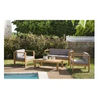 halice - salon de jardin en bois teck - 1 canapé 2p. , 2 fauteuils coussins waterproof et table basse rectangulaire 110x60 cm