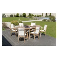 harris - salon de jardin en bois teck 8/10 pers. - 1 table ovale extensible 180*240/100cm et 6 fauteuils textilène