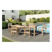 halice - salon de jardin en bois teck 6/8 pers. - 1 table rectangulaire 220*100 cm et 6 fauteuils empilables