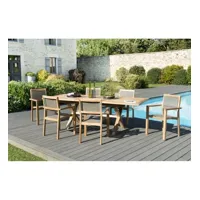 harris - salon de jardin bois teck 8/10 pers - 1 table rect. extensible pieds croisés - 6 fauteuils empilables textilène taupe