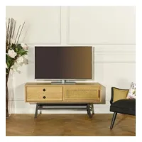lalala - meuble tv style vintage en chêne et cannage, 1 porte, 1 tiroir