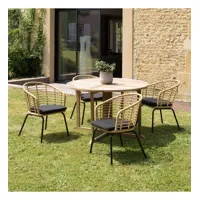 malo - salon de jardin 4 pers. - 1 table ronde 120x120cm et 4 fauteuils beiges et noirs