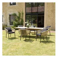 malo - salon de jardin 6 pers. - 1 table rectangulaire 180x100cm et 6 fauteuils beiges et noirs avec coussin
