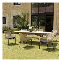 malo - salon de jardin 6 pers. - 1 table rectangulaire 180x100cm et 6 fauteuils en cordage beige et noir