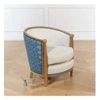 carole mandalay - fauteuil tonneau style art déco en chêne, lin et tissu denim, 1 place