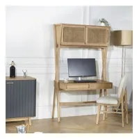 kitty - bureau étagère style moderne en bois et cannage, 1 caisson, 1 tiroir