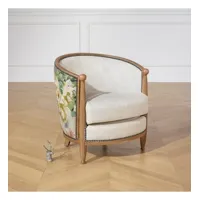 carole country ? fauteuil tonneau en bois massif, lin premium et tissu fleuri, 1 place