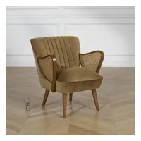 seventy bruxelles - fauteuil style nordique, bois massif, rotin et tissu tweed camel, 1 place