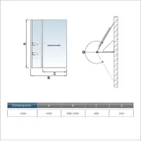 pare-baignoire 100x140cm rectangle paroi pivotante à 240°, écran de douche en verre securit avec 2 étagères